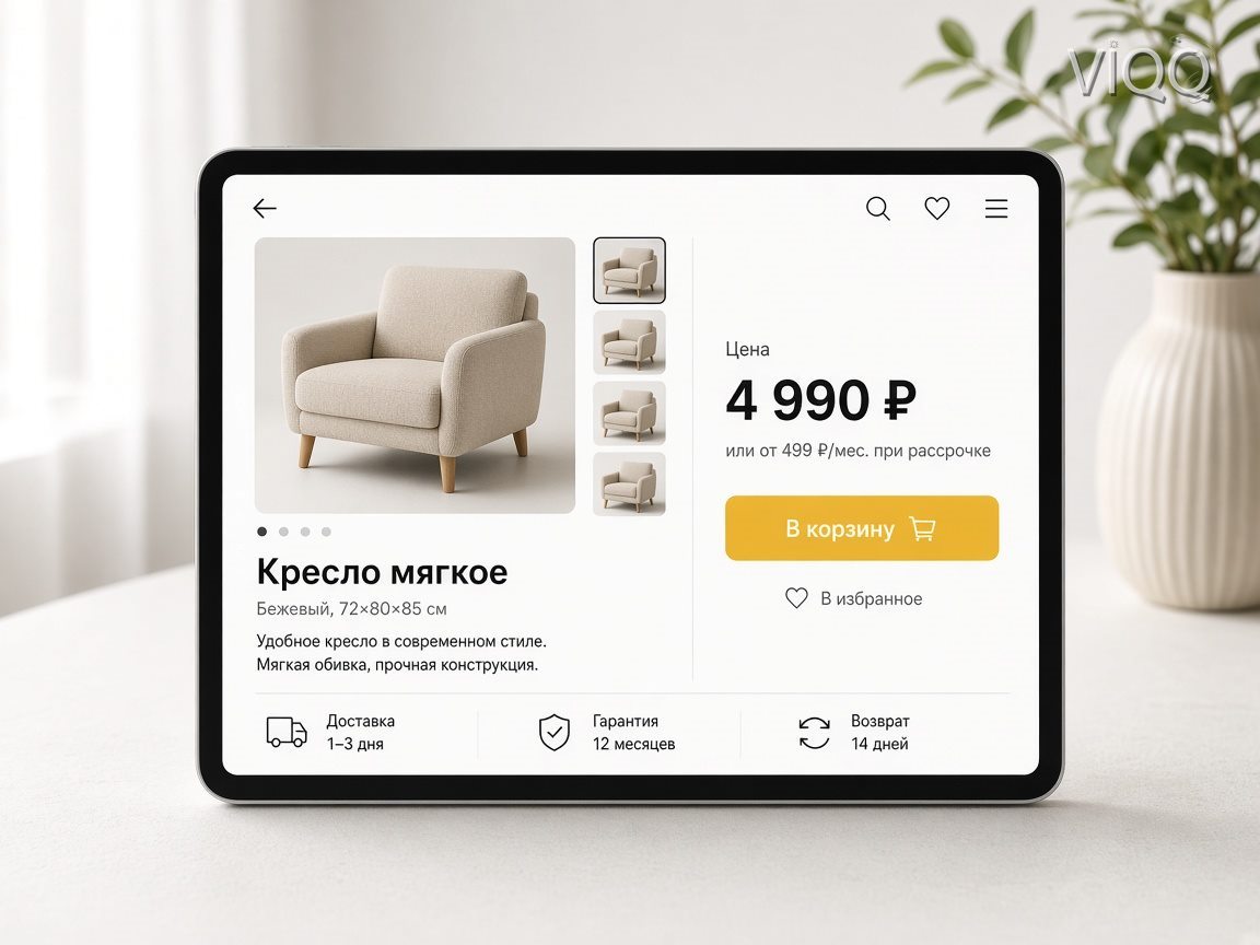 Планшет с карточкой товара: цена в рублях и кнопка В корзину