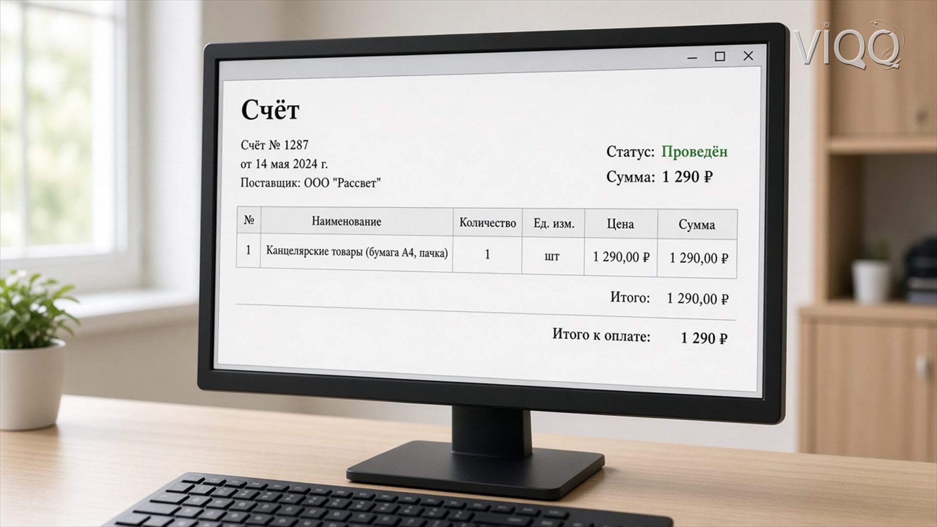 Проведённый счёт на 1 290 ₽ в учётной системе