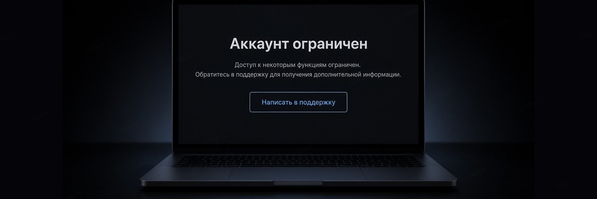 Ноутбук с экраном Аккаунт ограничен и кнопкой Написать в поддержку