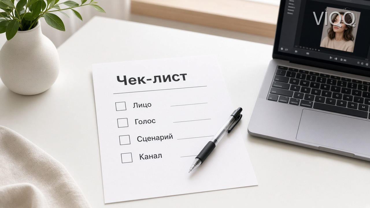 Чеклист лицо, голос, сценарий, канал на бумаге у ноутбука