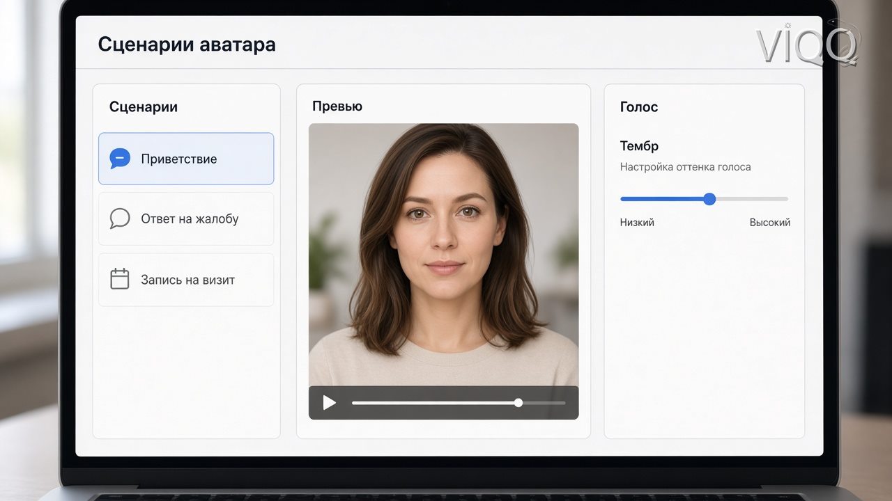 Админка сценариев аватара: приветствие, голос, превью лица
