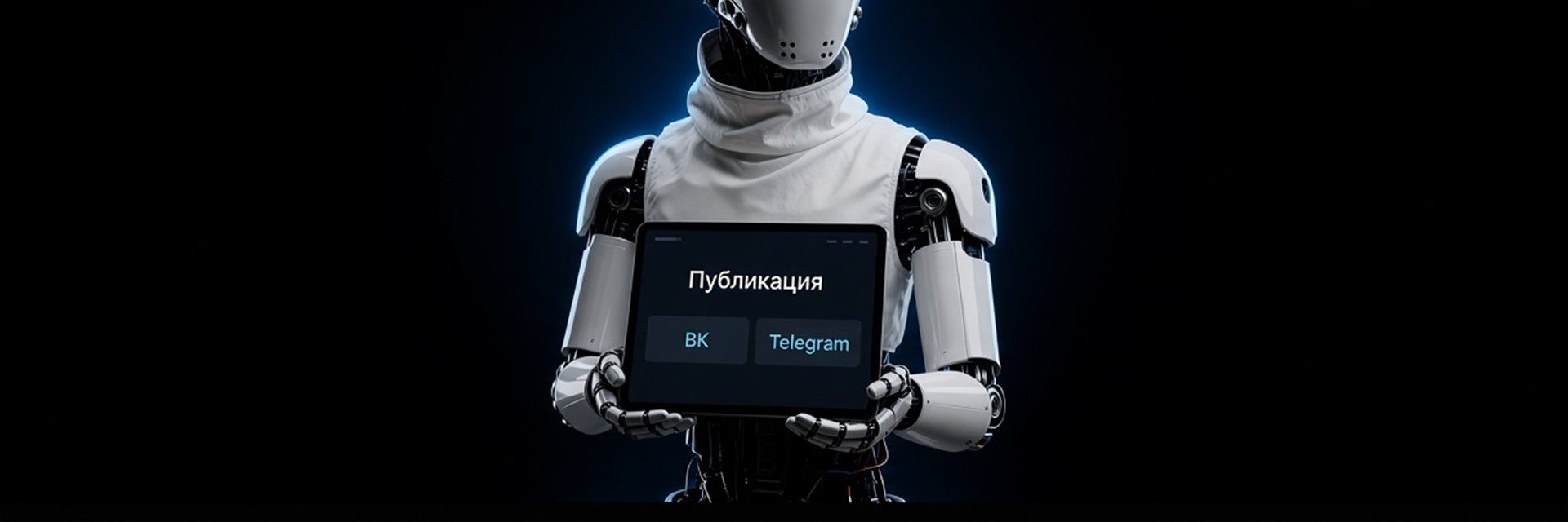 Робот с телефоном: карточка Публикация уходит в ВК и Telegram