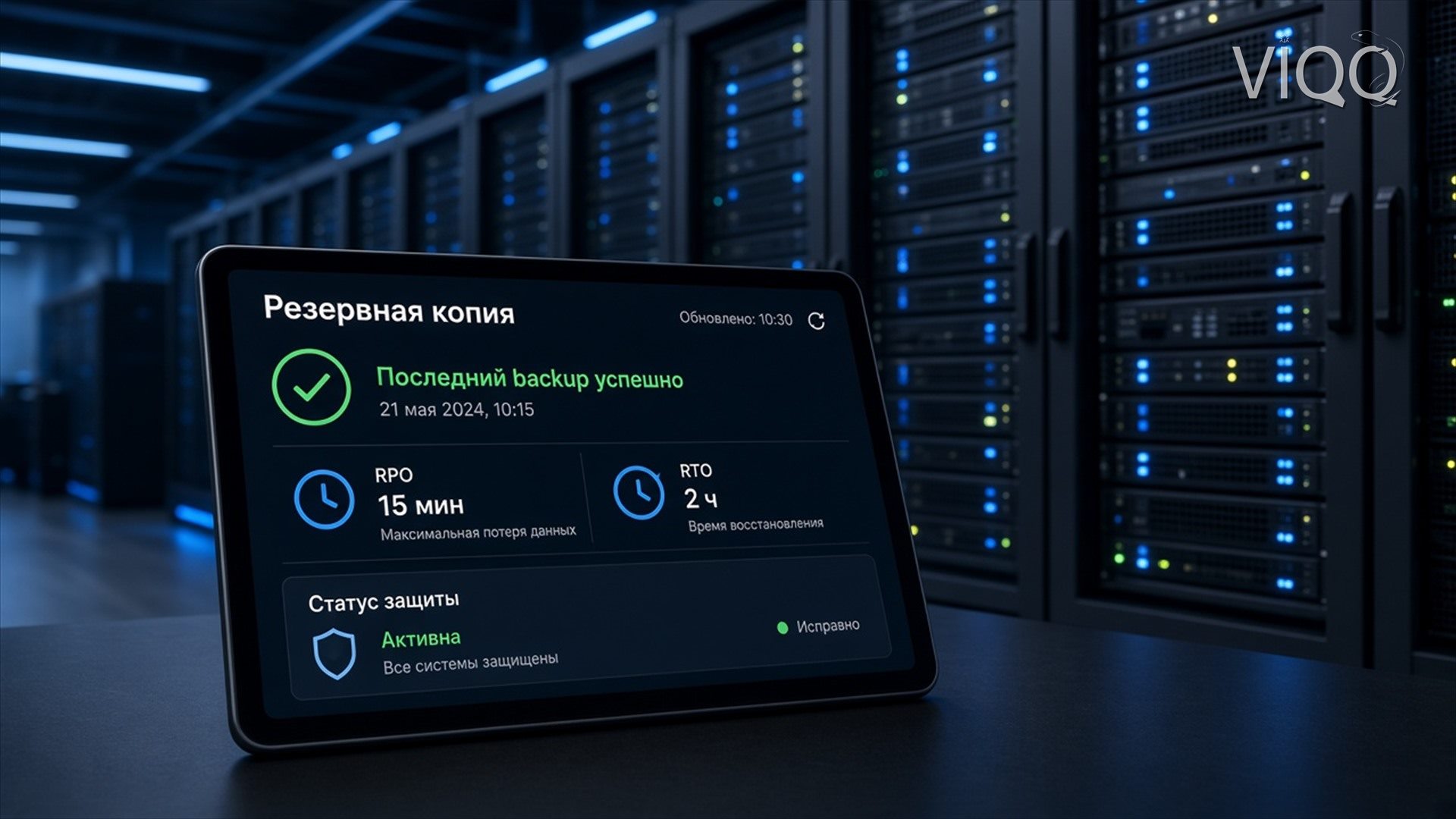 Серверная и планшет: статус резервной копии, RPO и RTO