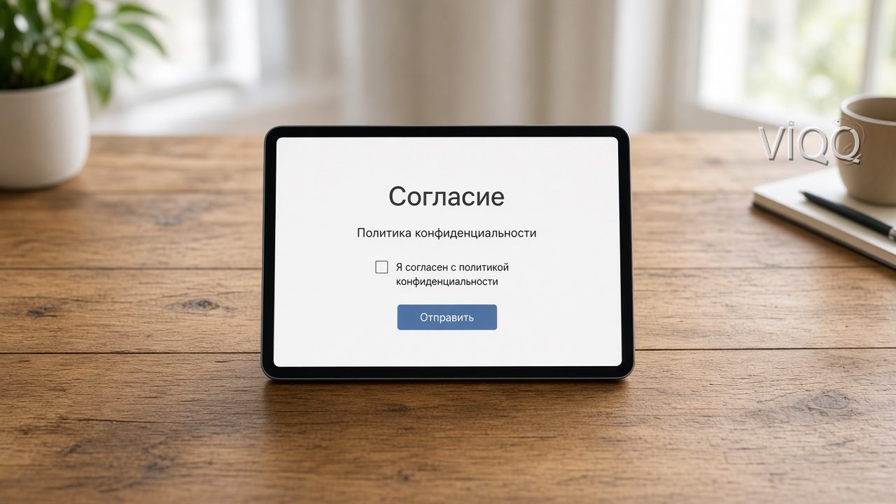 Планшет на столе с формой согласия и политикой на русском