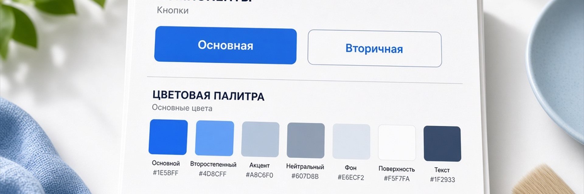 Доска дизайн-системы: кнопки Основная и Вторичная и палитра синих оттенков