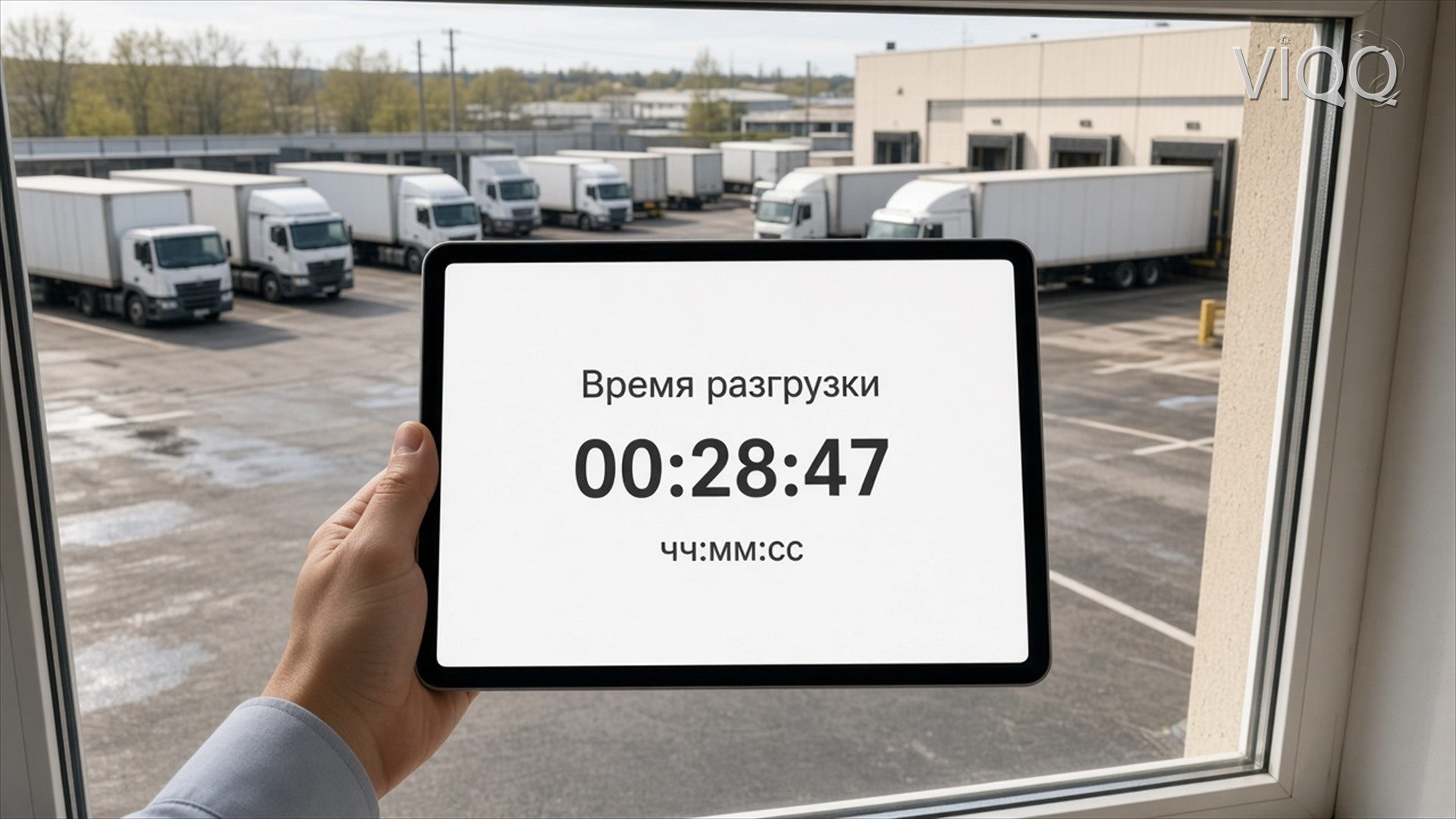Планшет с окном разгрузки на фоне двора