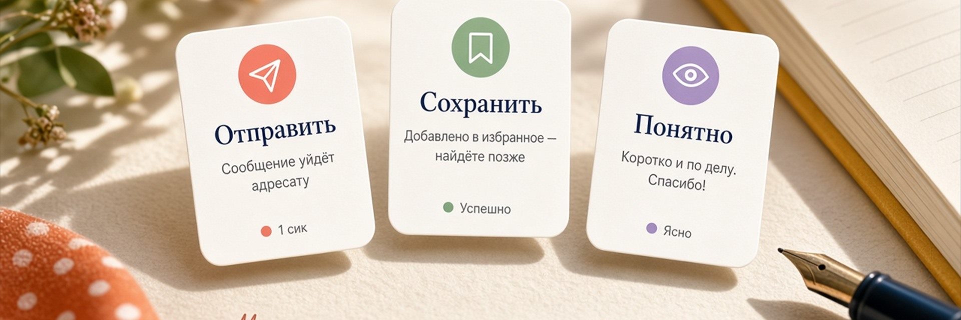 Карточки микротекста Отправить и Сохранить рядом с блокнотом