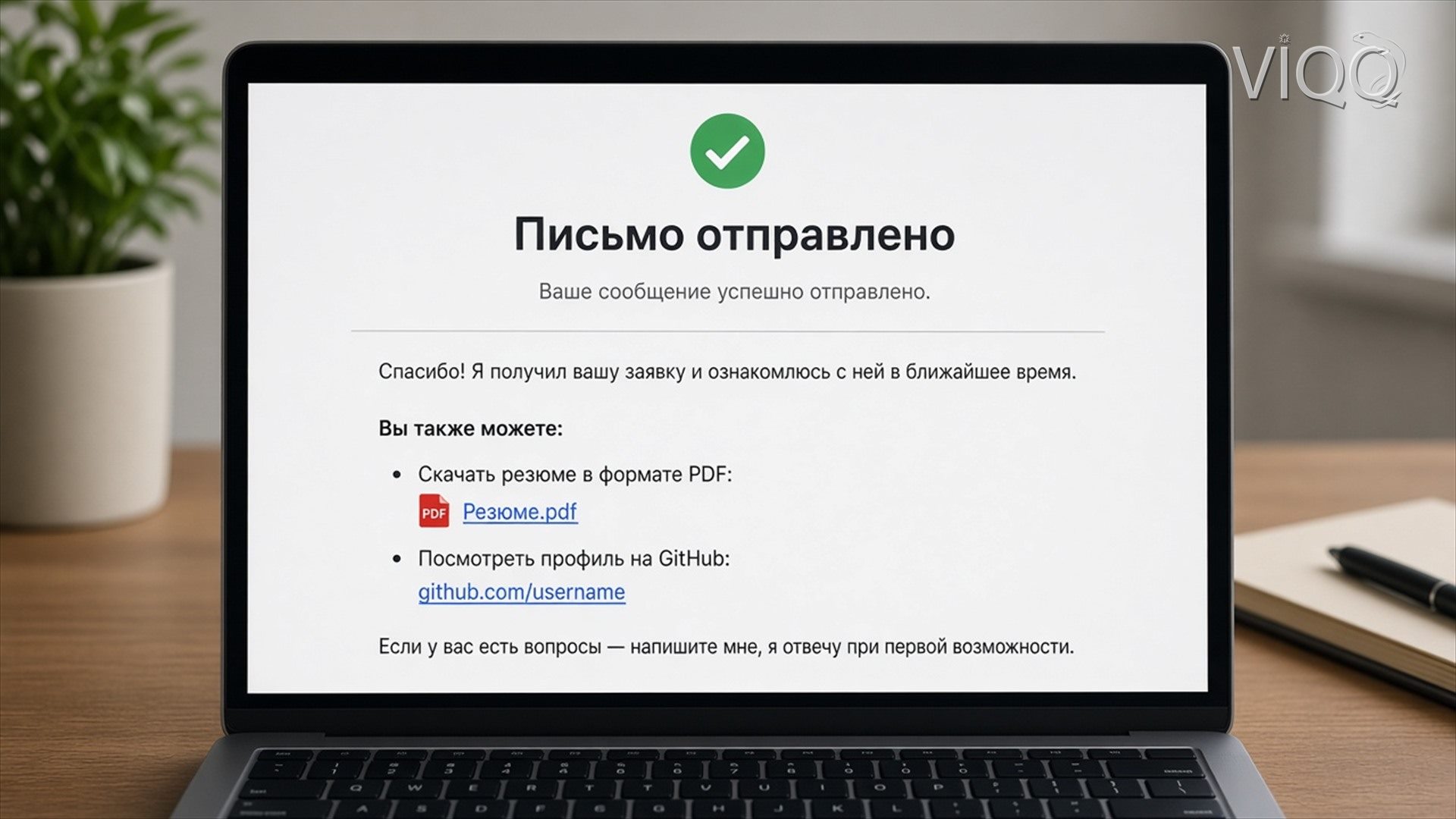 Письмо отправлено: резюме, стек и ссылка на GitHub во вложении