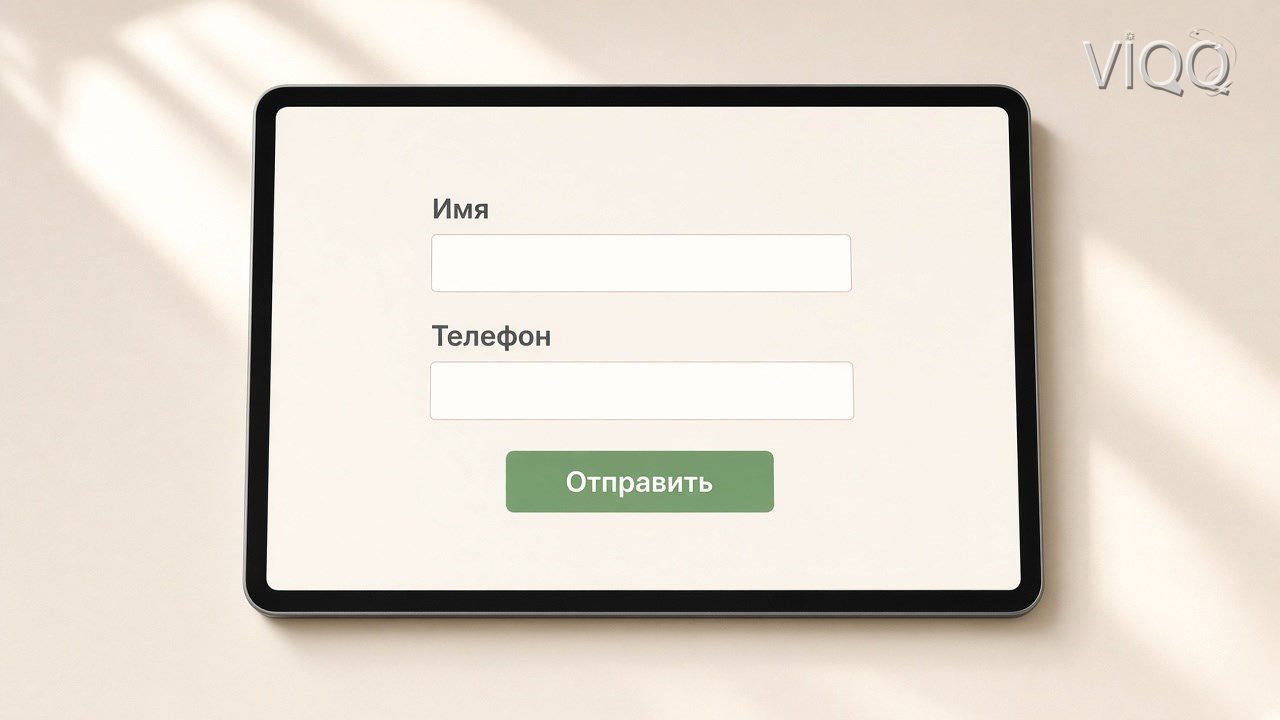 Планшет с формой заявки: имя, телефон и кнопка отправить