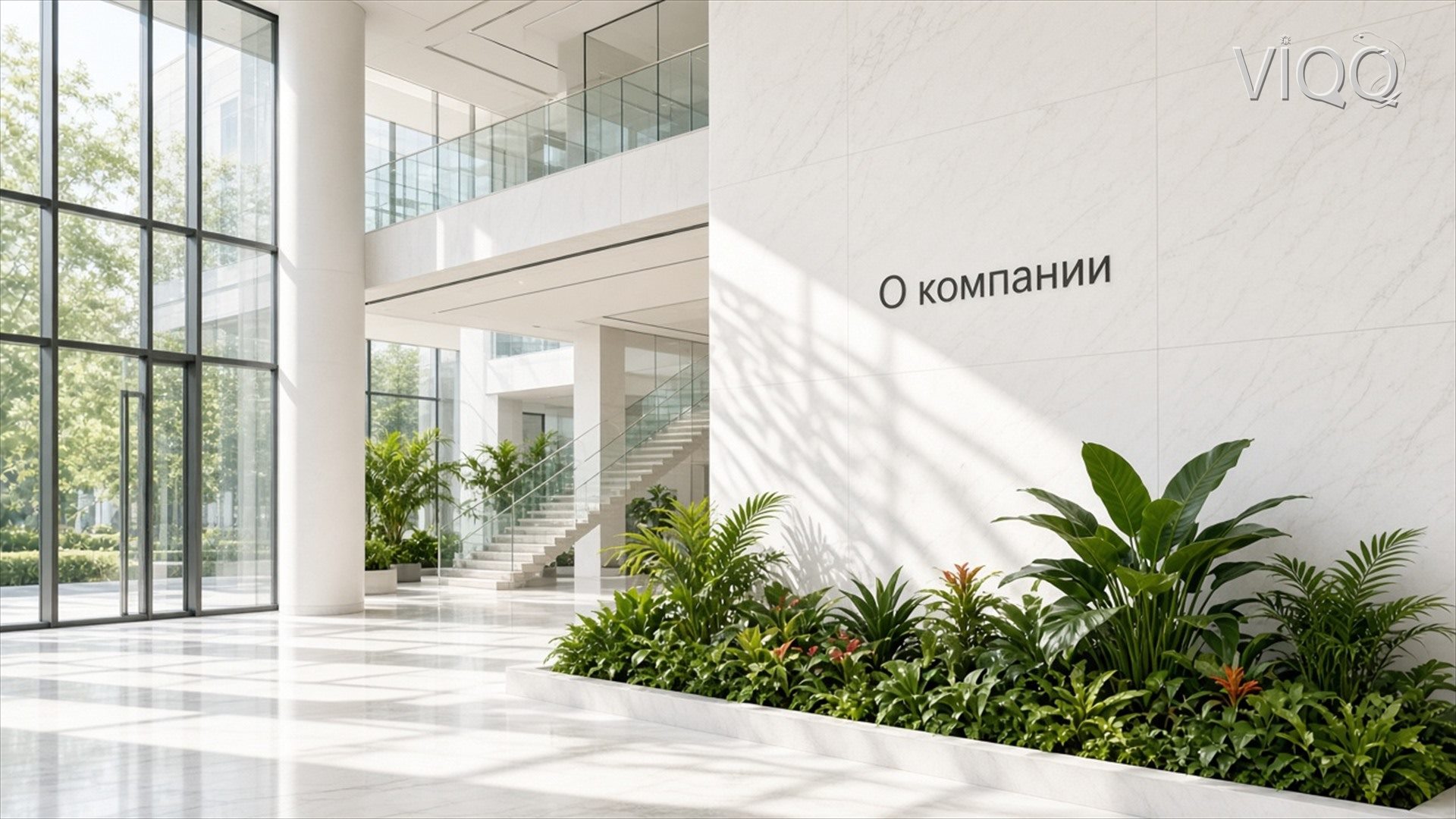 Светлый холл компании, на стене надпись О компании
