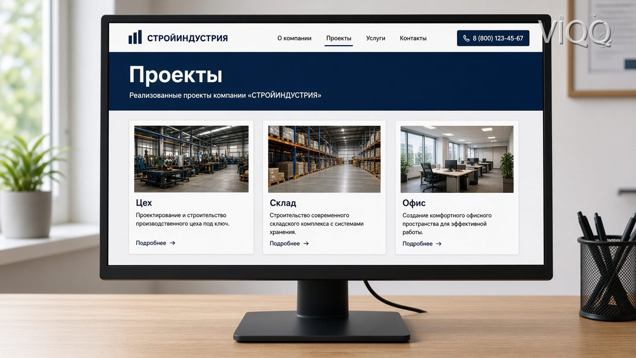 Раздел Проекты на мониторе: карточки Цех, Склад и Офис