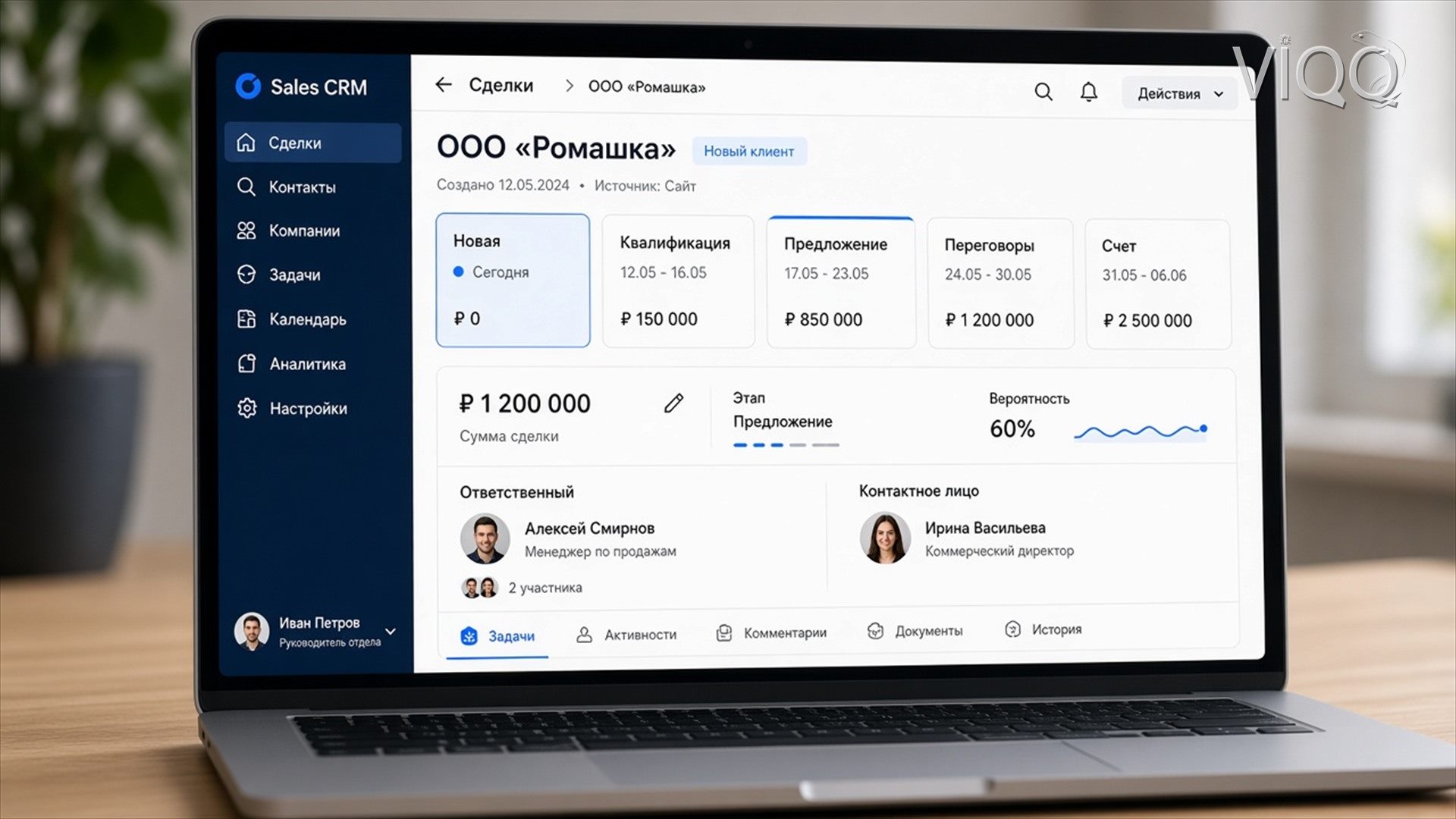 Карточка сделки: этап, сумма и ответственный