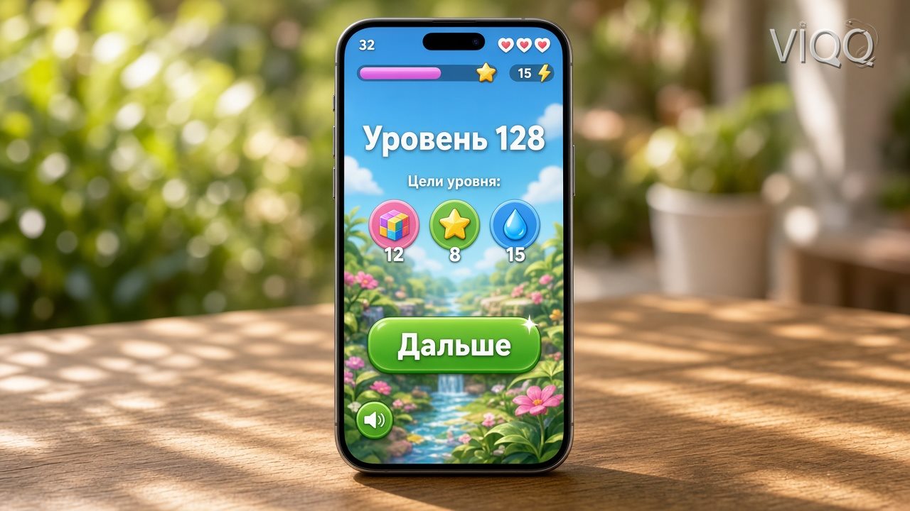 Уровень мобильной игры: прогресс, цель и кнопка Дальше