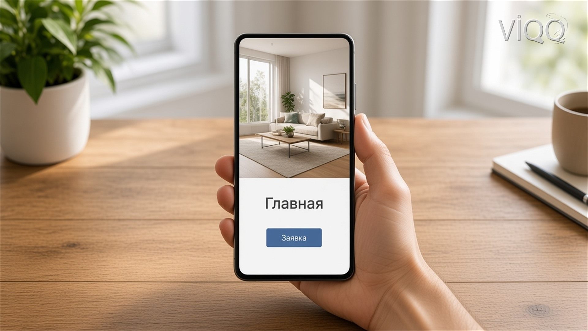 Телефон в руке: на экране главная страница сайта и кнопка Заявка