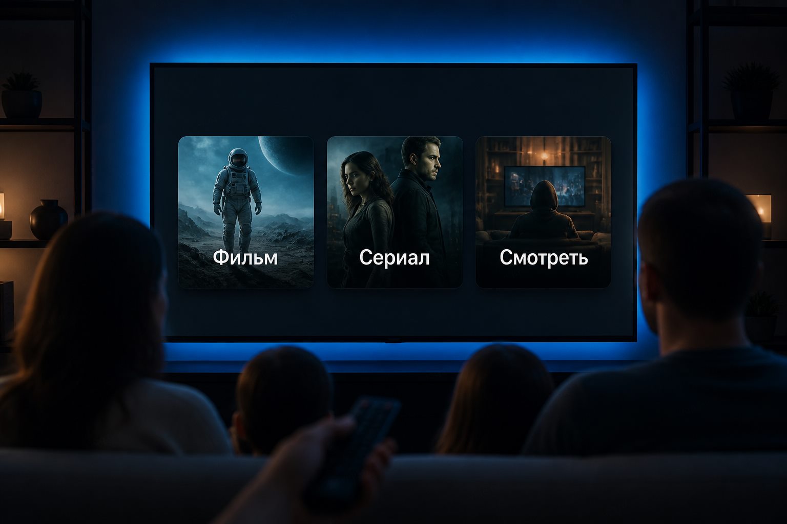 Экран ТВ: карточки фильмов и кнопка Смотреть