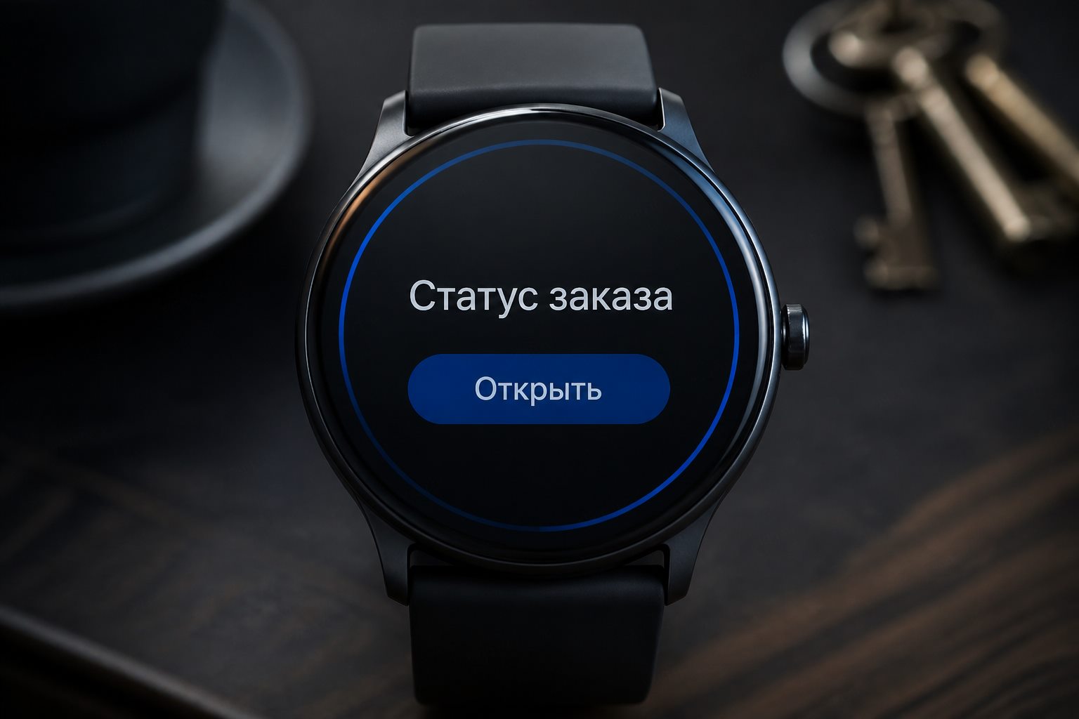 Циферблат часов: статус заказа и кнопка Открыть