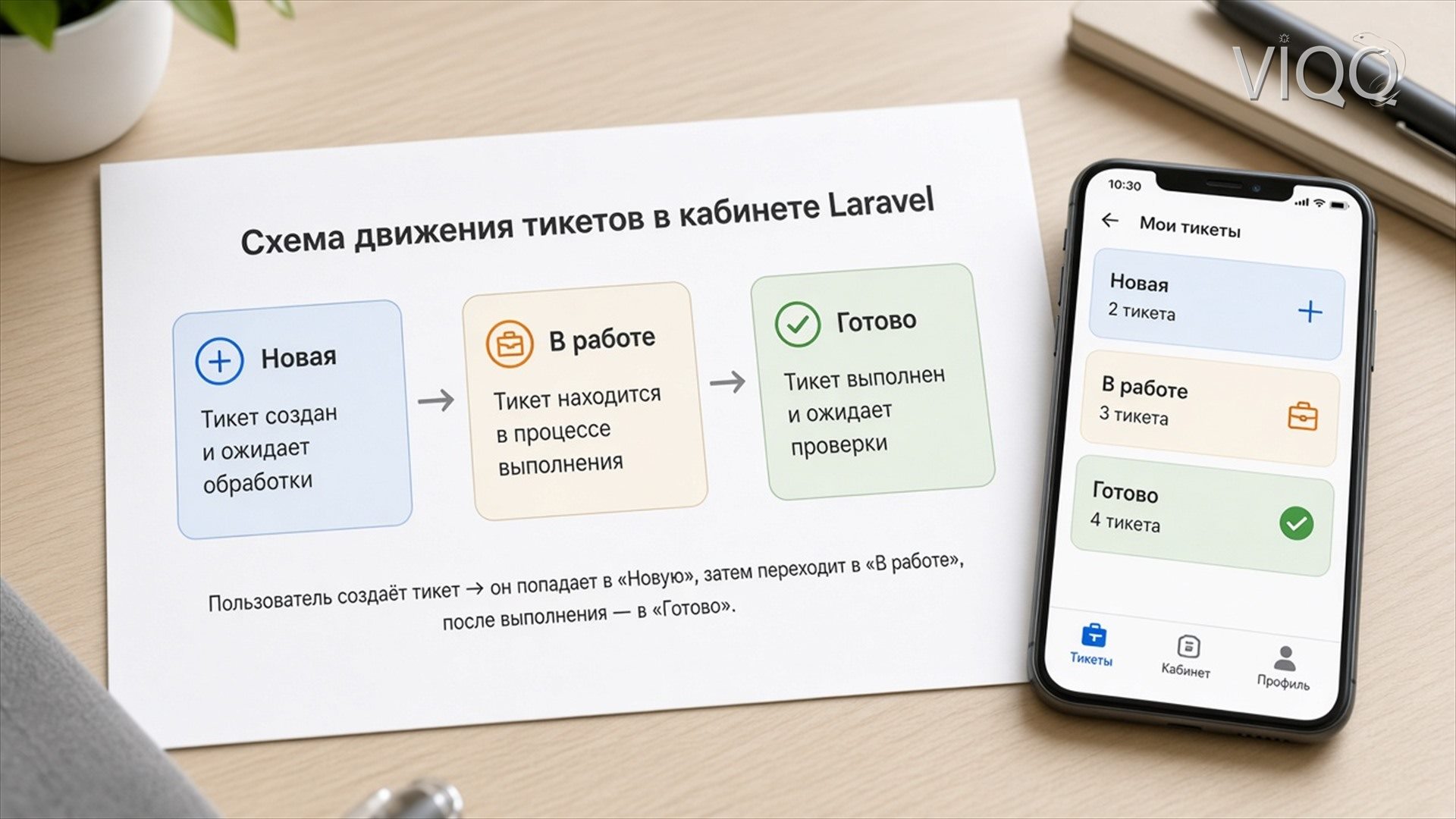Схема статусов заявки: Новая, В работе и Готово