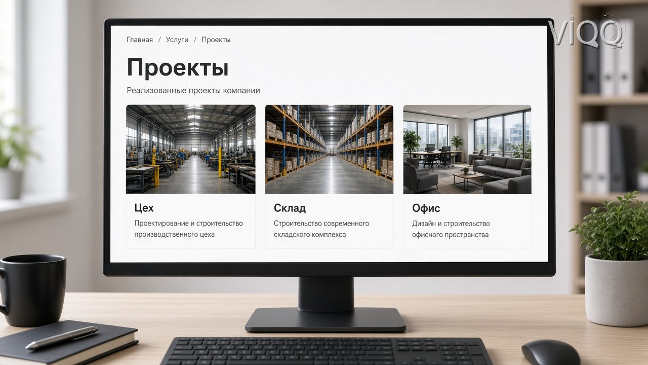 Монитор: крошки Главная, Услуги, Проекты и карточки Цех, Склад, Офис