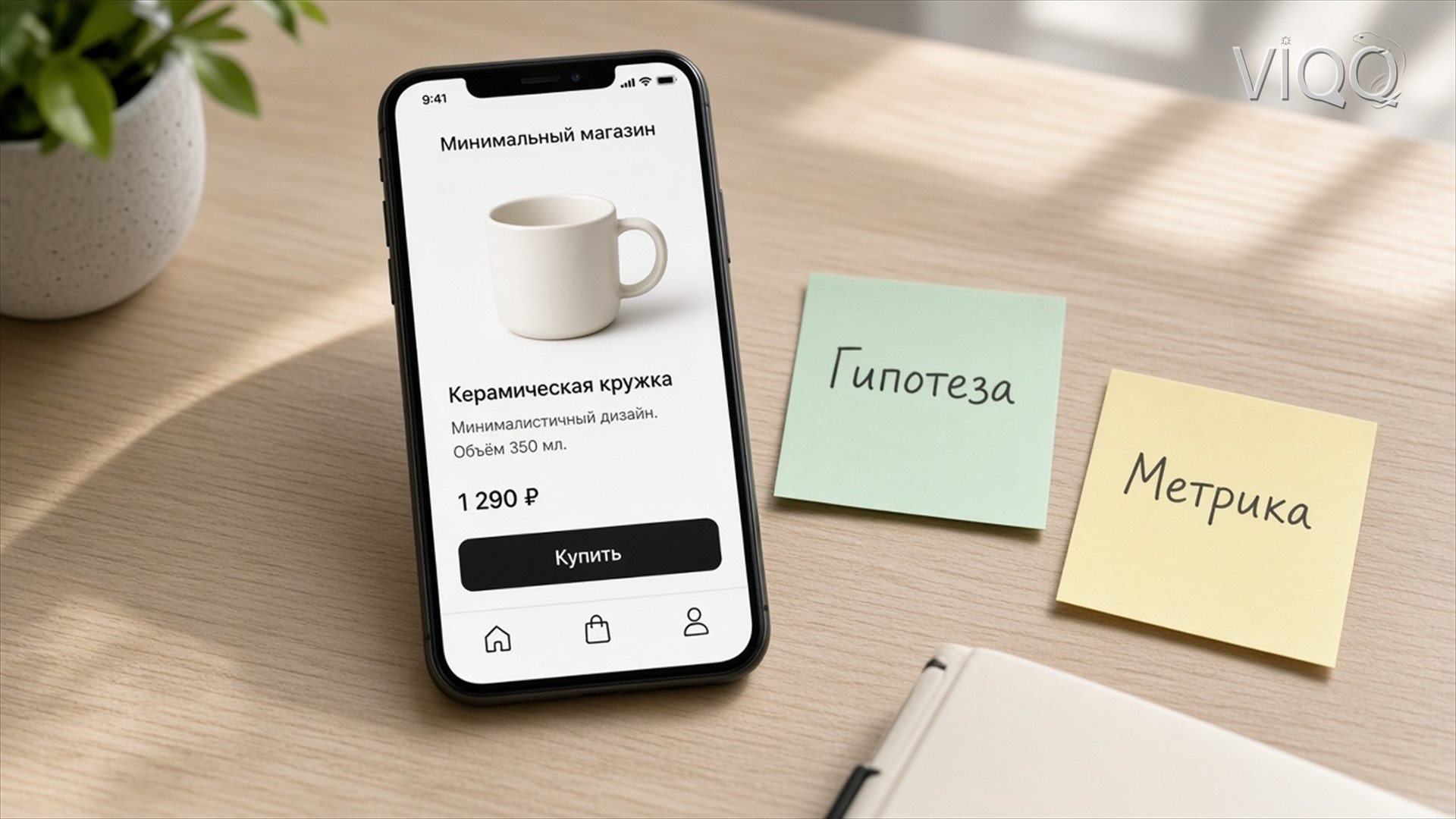 Телефон с минимальным магазином: карточка кружки с ценой 1 290 ₽ и стикеры Гипотеза и Метрика
