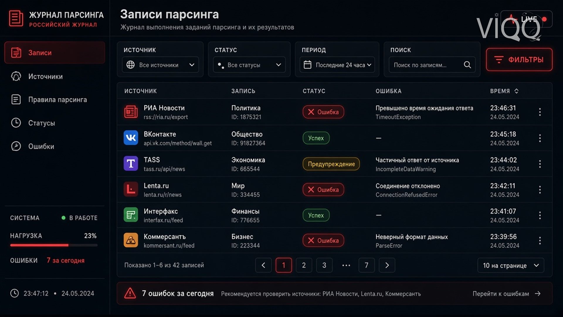 Журнал сбора: источник, число строк и статус последнего запуска