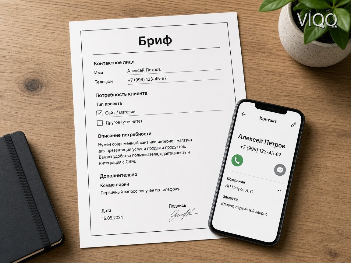 Список задачи клиента и телефон с карточкой контакта на столе