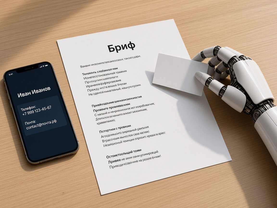 Бриф на бумаге и телефон с карточкой контакта на светлом столе
