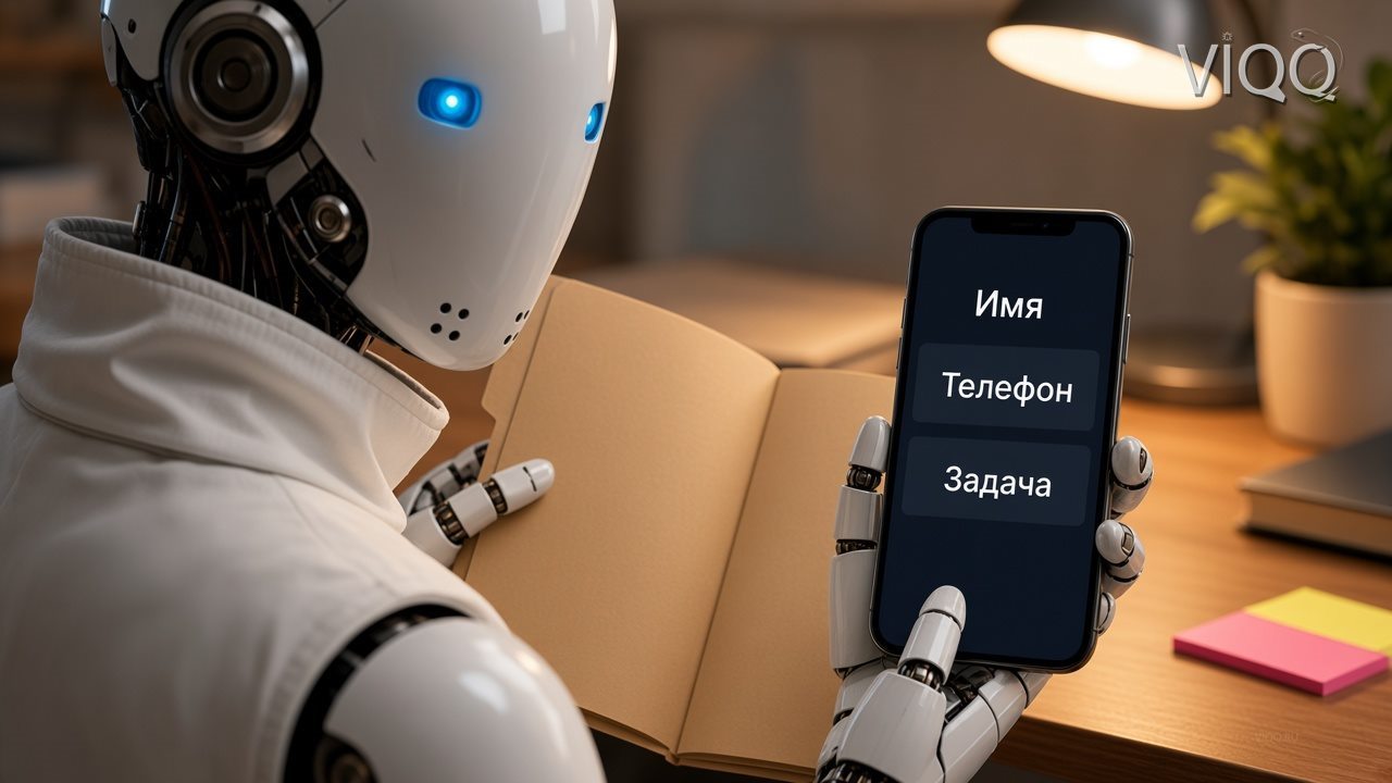 Заметка с задачей и телефон с карточкой контакта