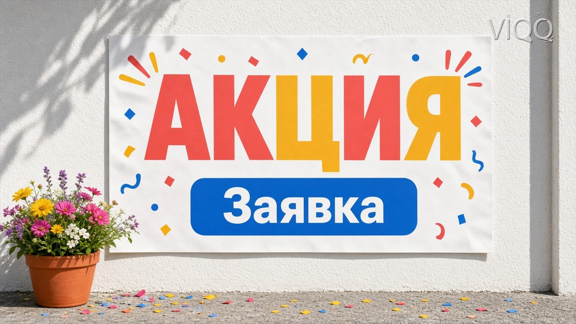 Плакат на стене: крупное слово Акция и кнопка Заявка