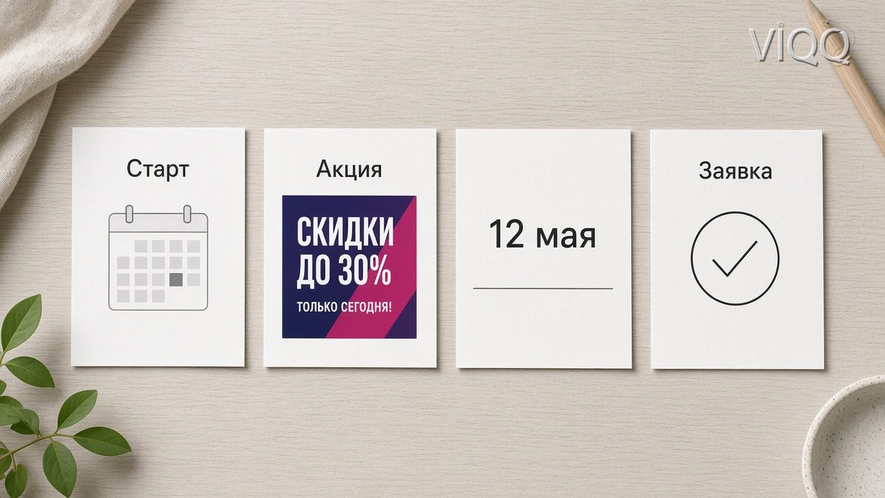 Четыре карточки акции: старт, оффер, дата окончания и заявка