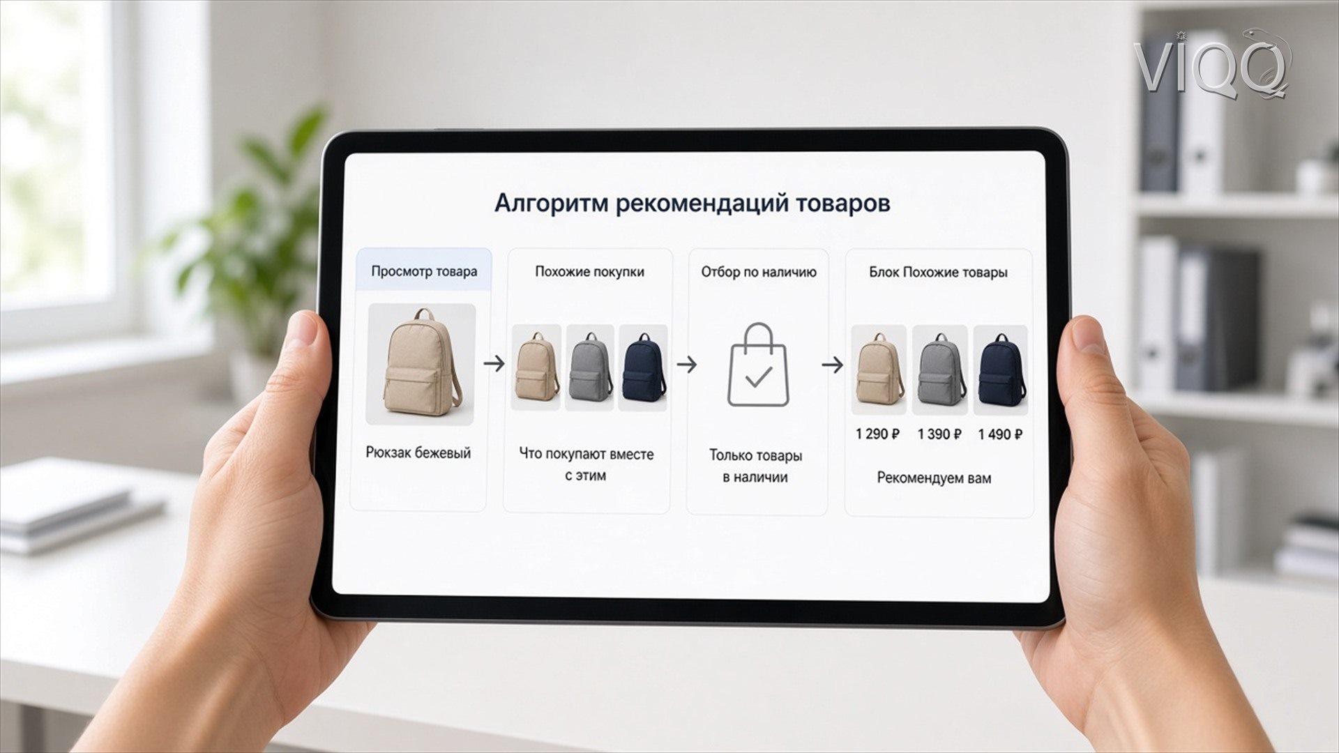 Схема: действия посетителя, профиль интересов, модель, подборка, замер