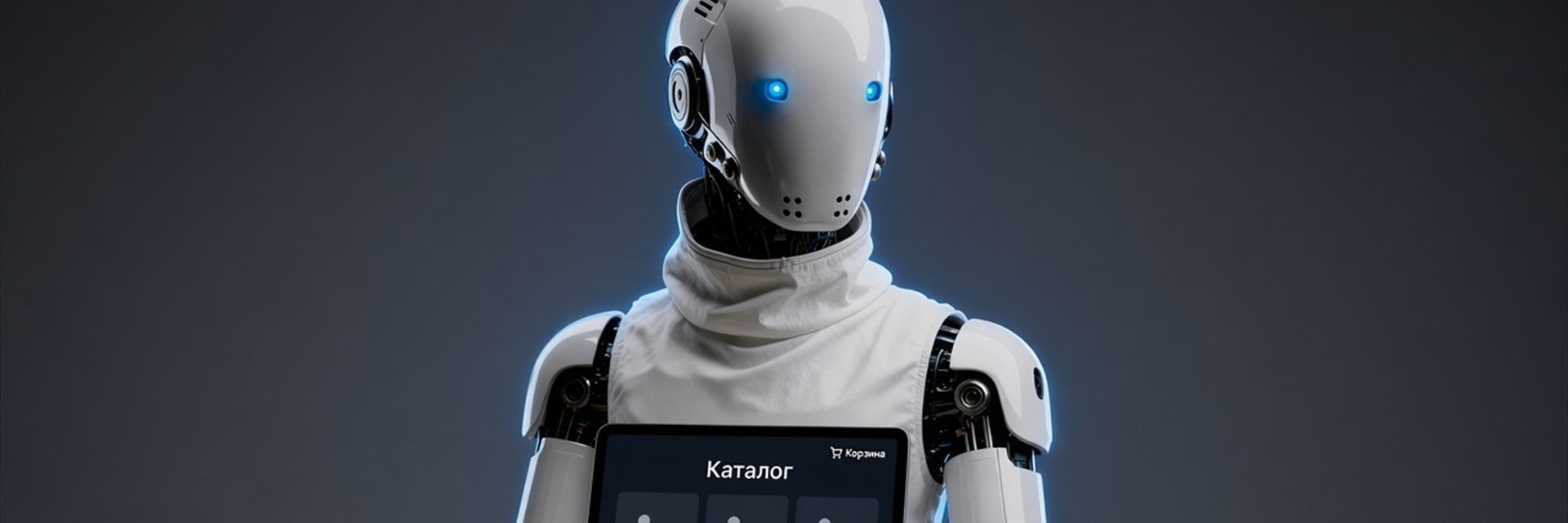 Робот VIQQ с планшетом: каталог товаров, корзина и кнопка Оформить