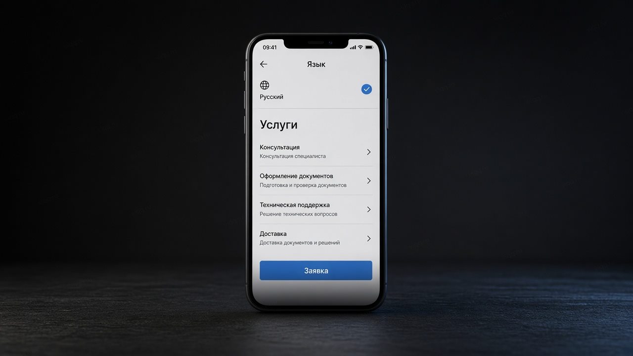 Телефон с переключателем языка и кнопкой заявки на русской версии