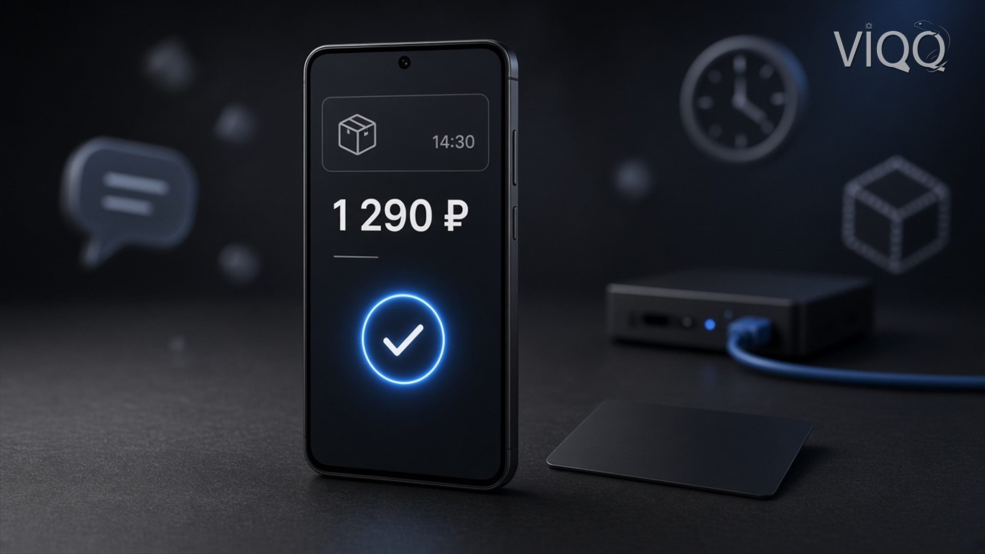 Телефон с ценой 1 290 ₽ и галочкой, рядом карта оплаты и сервер