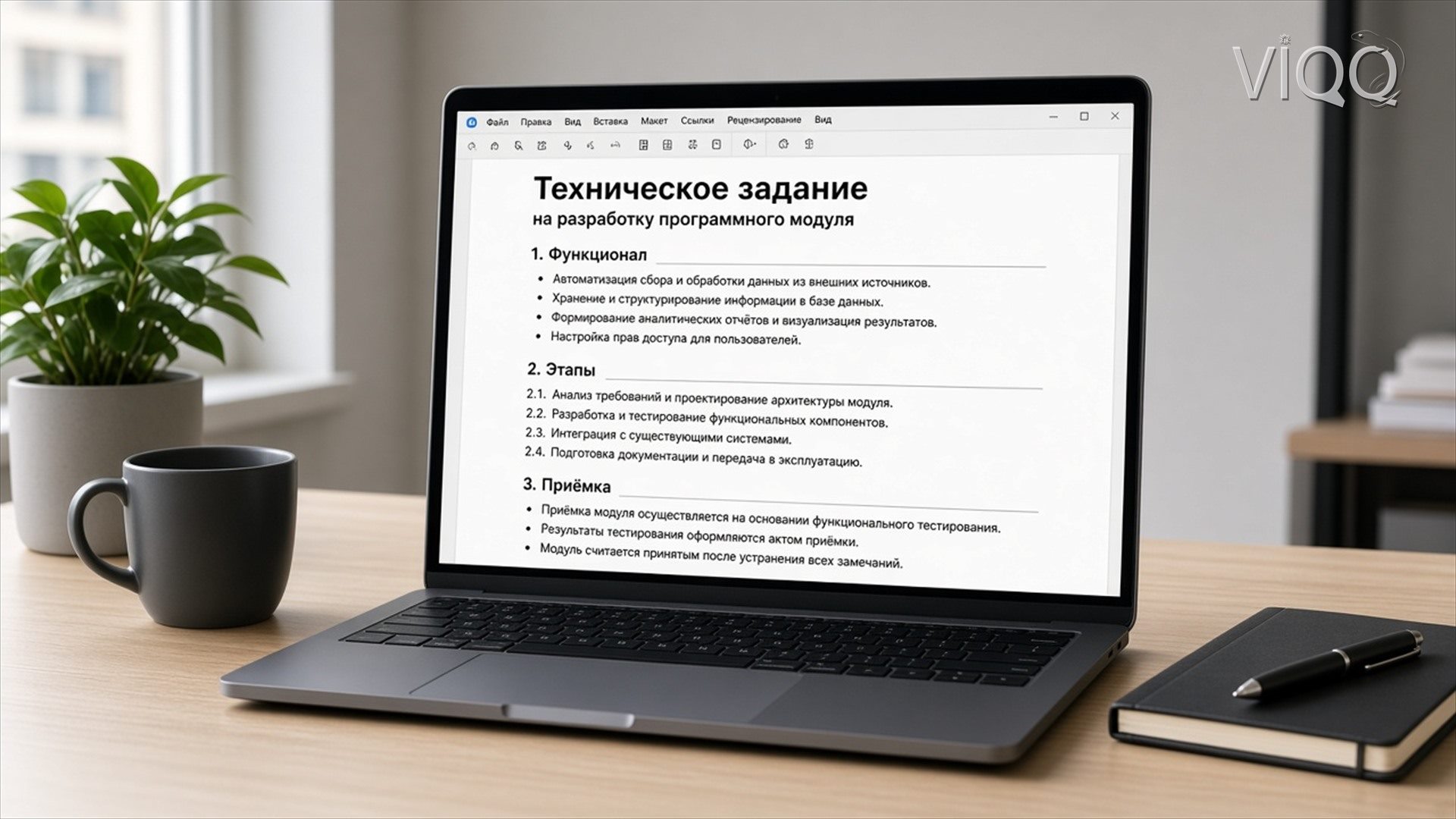 Ноутбук с разделами технического задания: функционал, этапы и приёмка