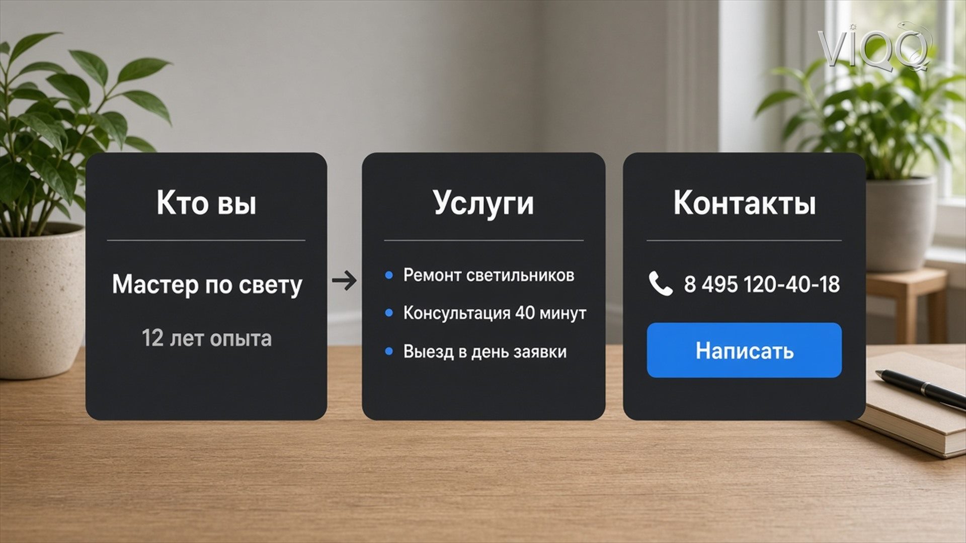 Схема сайта-визитки: блоки Кто вы, Услуги и Контакты с кнопкой Написать