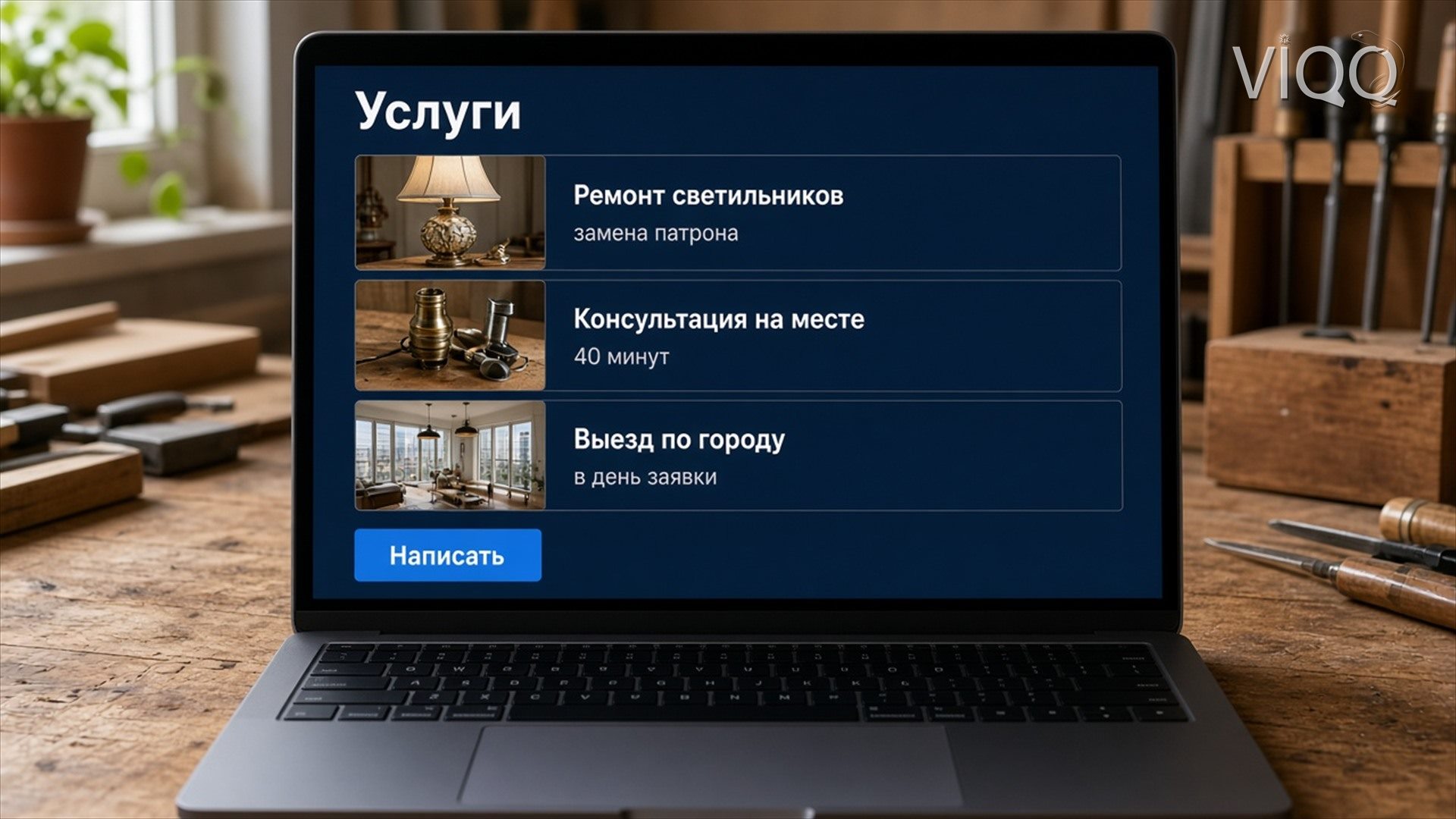 Ноутбук в мастерской: список услуг с фото и кнопкой Написать