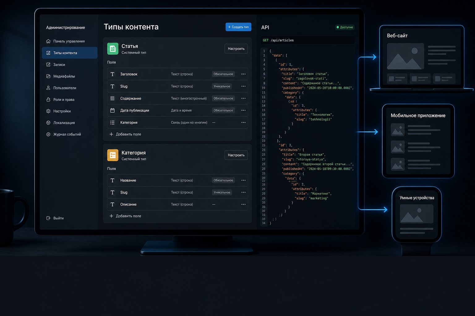 Схема Headless CMS: админка, API и несколько витрин