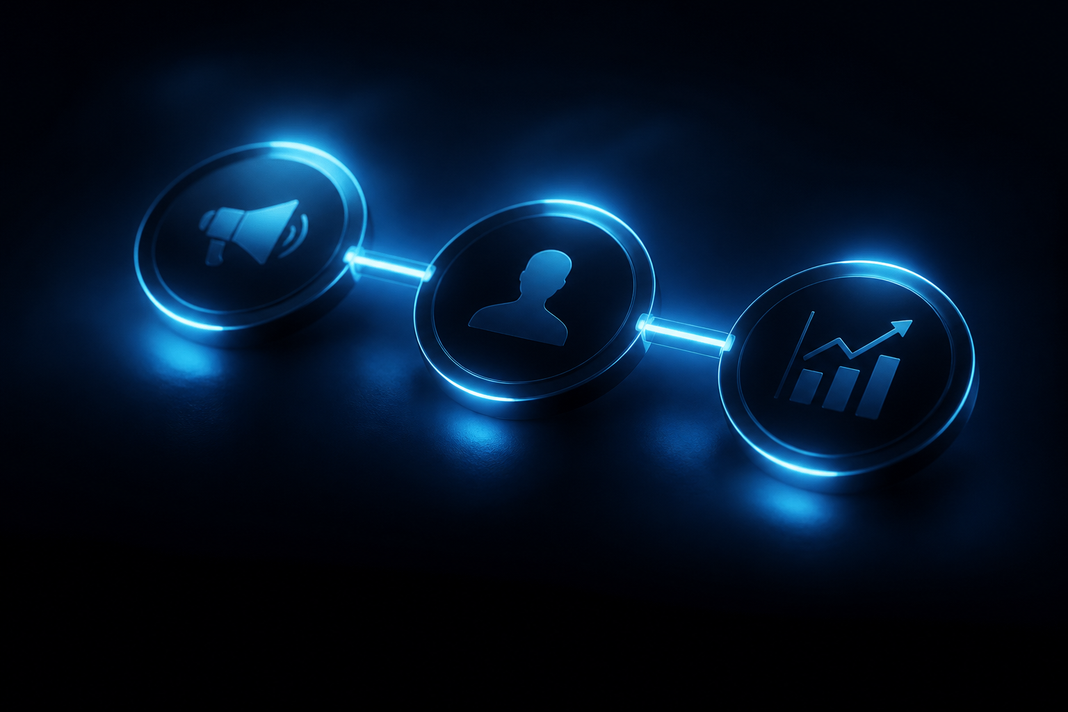Три узла: реклама, сайт и CRM, связанные свечением
