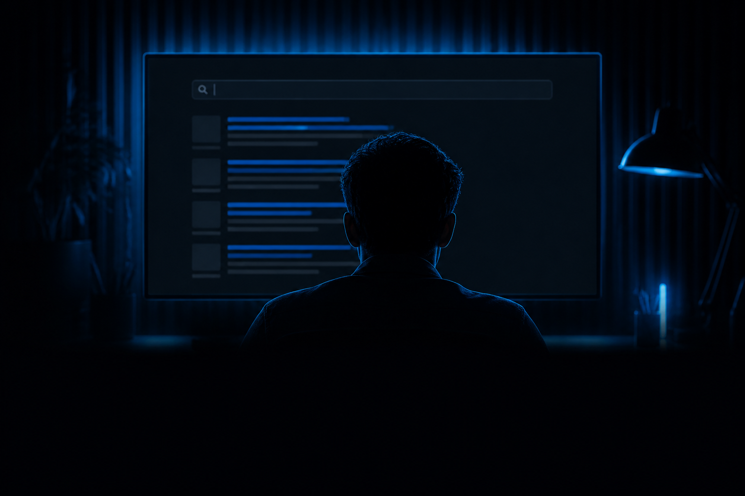 Монитор с абстрактной поисковой выдачей на тёмном фоне