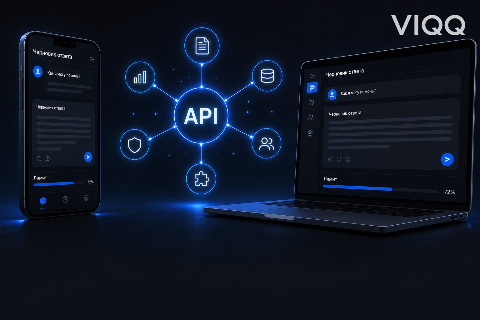 Схема API и кириллический чат ассистента на тёмном фоне