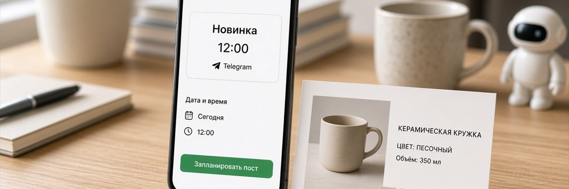 Телефон с запланированным постом Новинка на 12:00 в Telegram