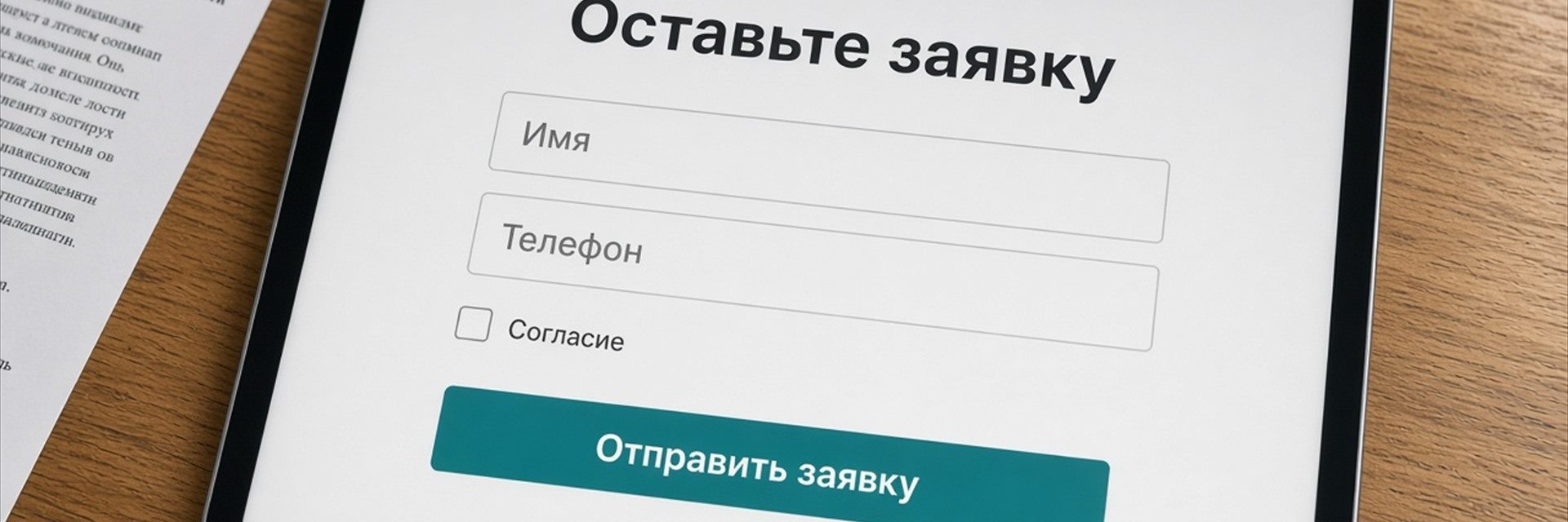 Крупный планшет с формой заявки и галочкой согласия