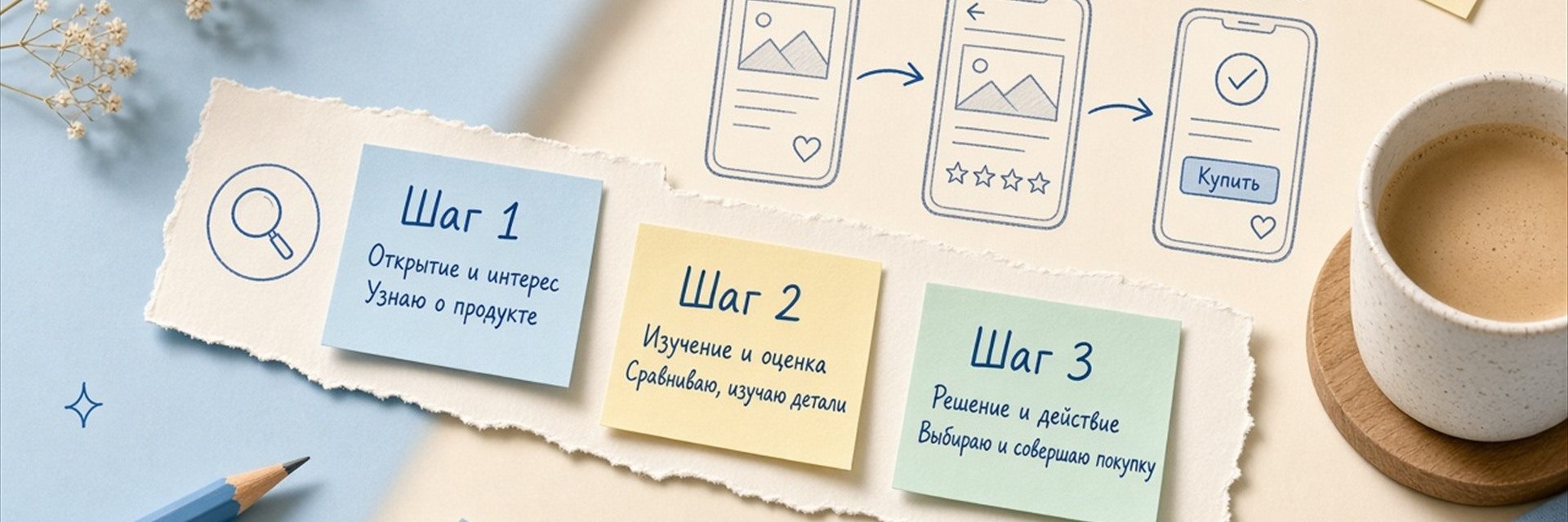 Карта пути клиента на столе: стикеры Шаг 1 и Шаг 2 и макеты экранов