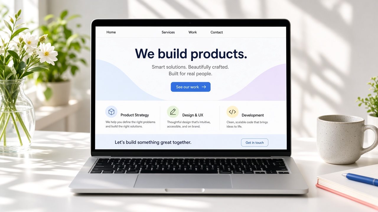 Open laptop showing a dark multi-section company website