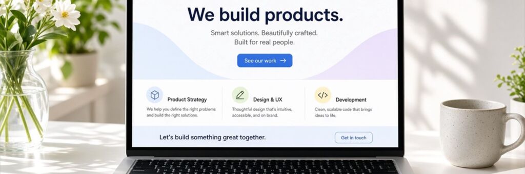 Open laptop showing a dark multi-section company website