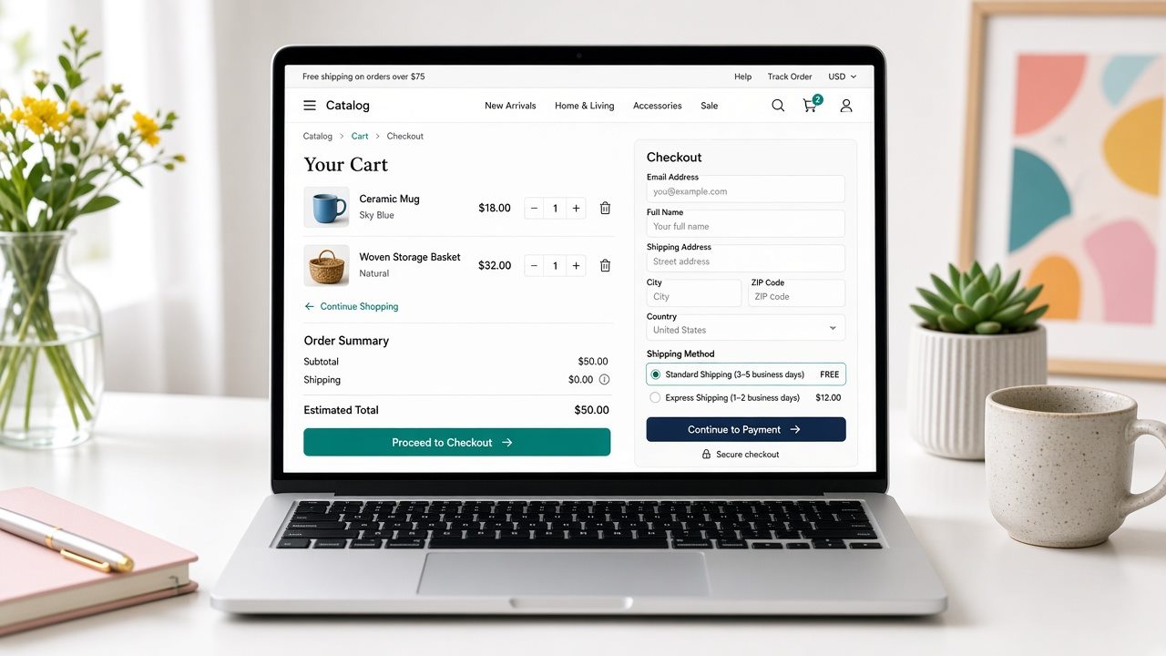 Laptop with a dark product catalog and cart on screen