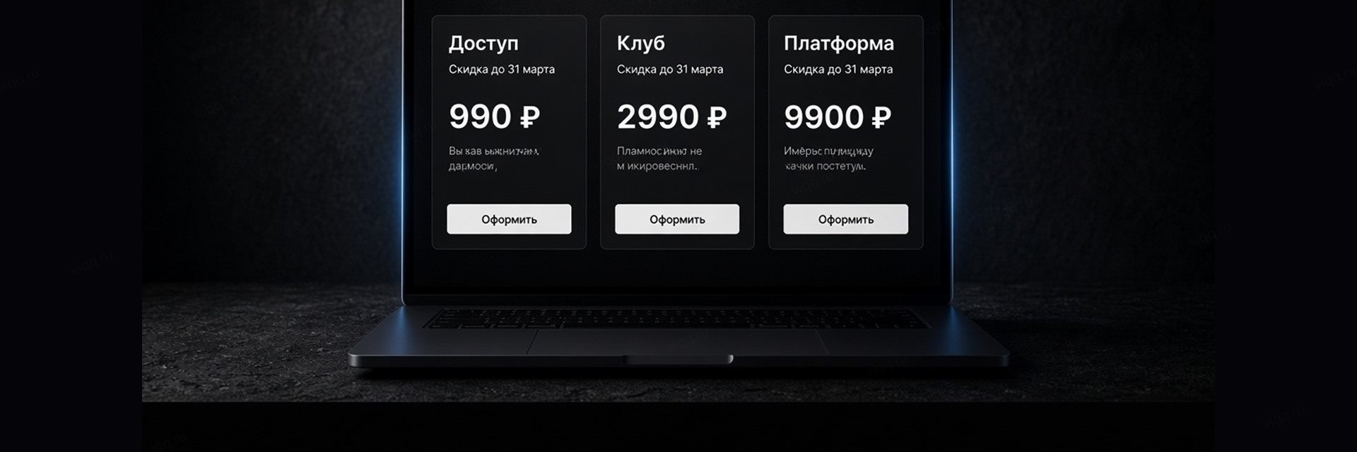 Ноутбук с экраном тарифов: три пакета доступа и кнопка Оформить