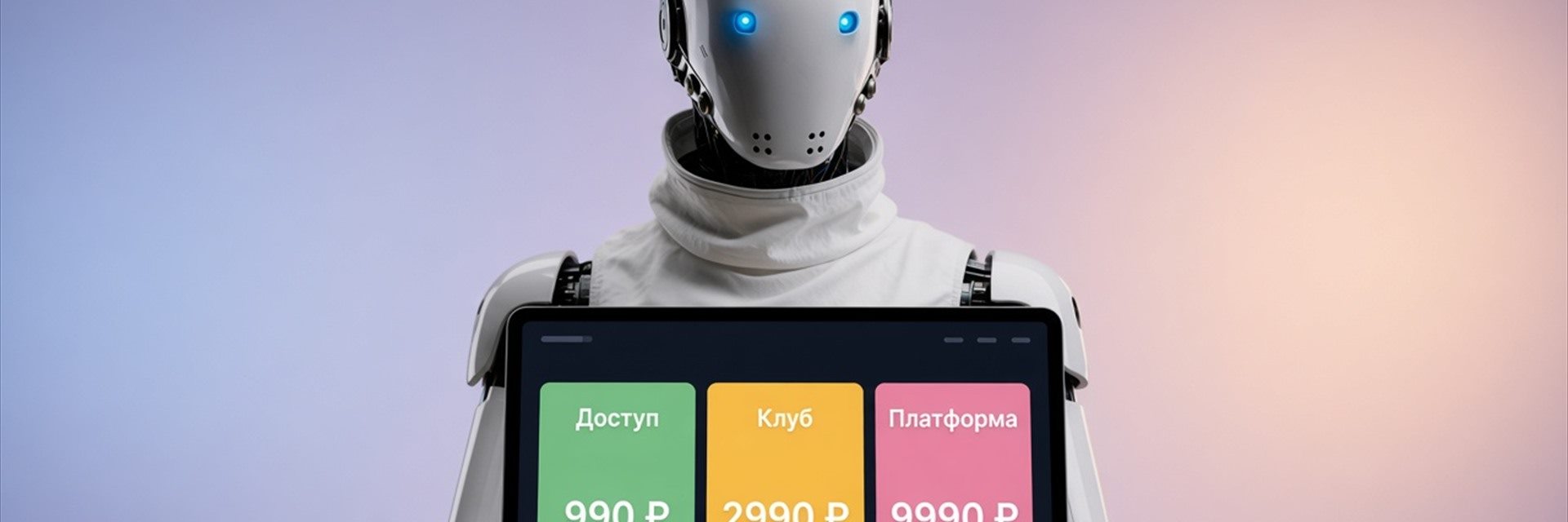 Робот держит планшет с пакетами Доступ, Клуб и Платформа