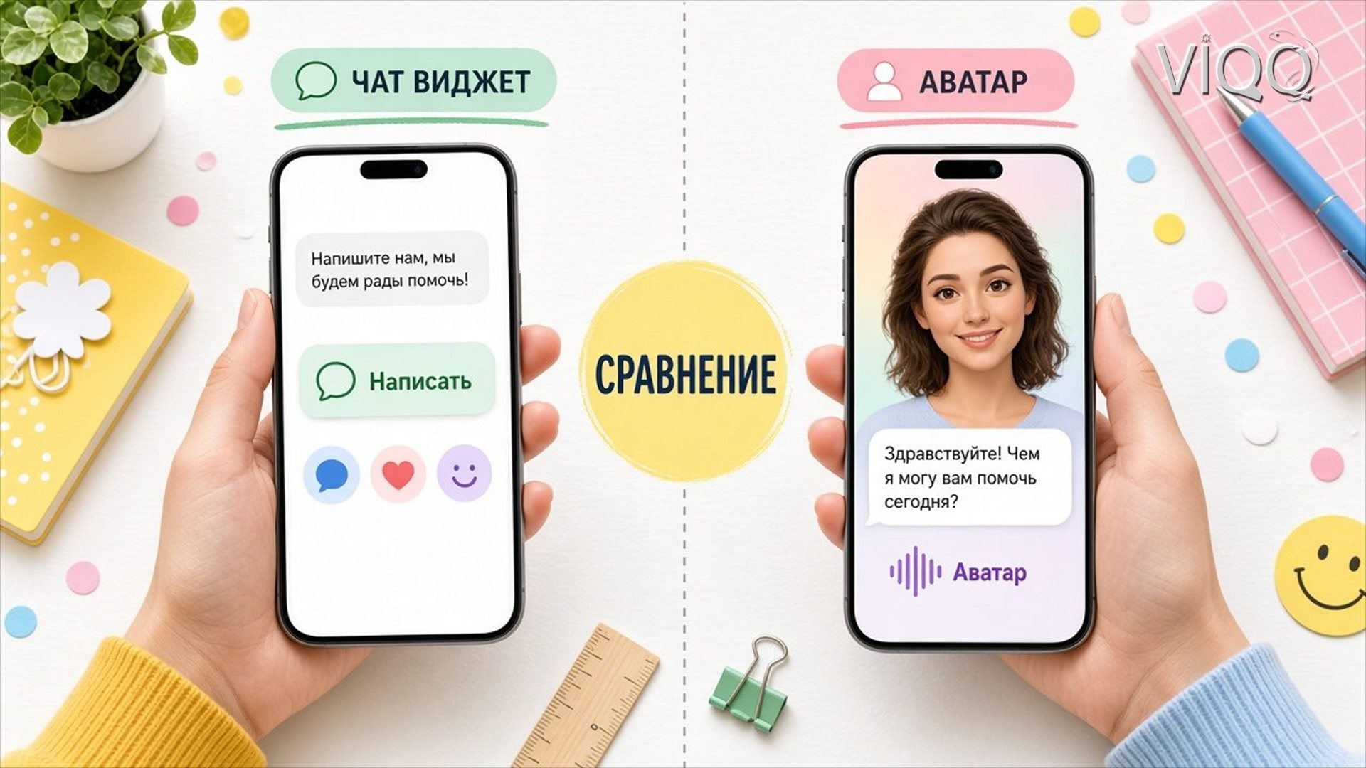 Два телефона: чат-виджет и цифровой аватар рядом на столе