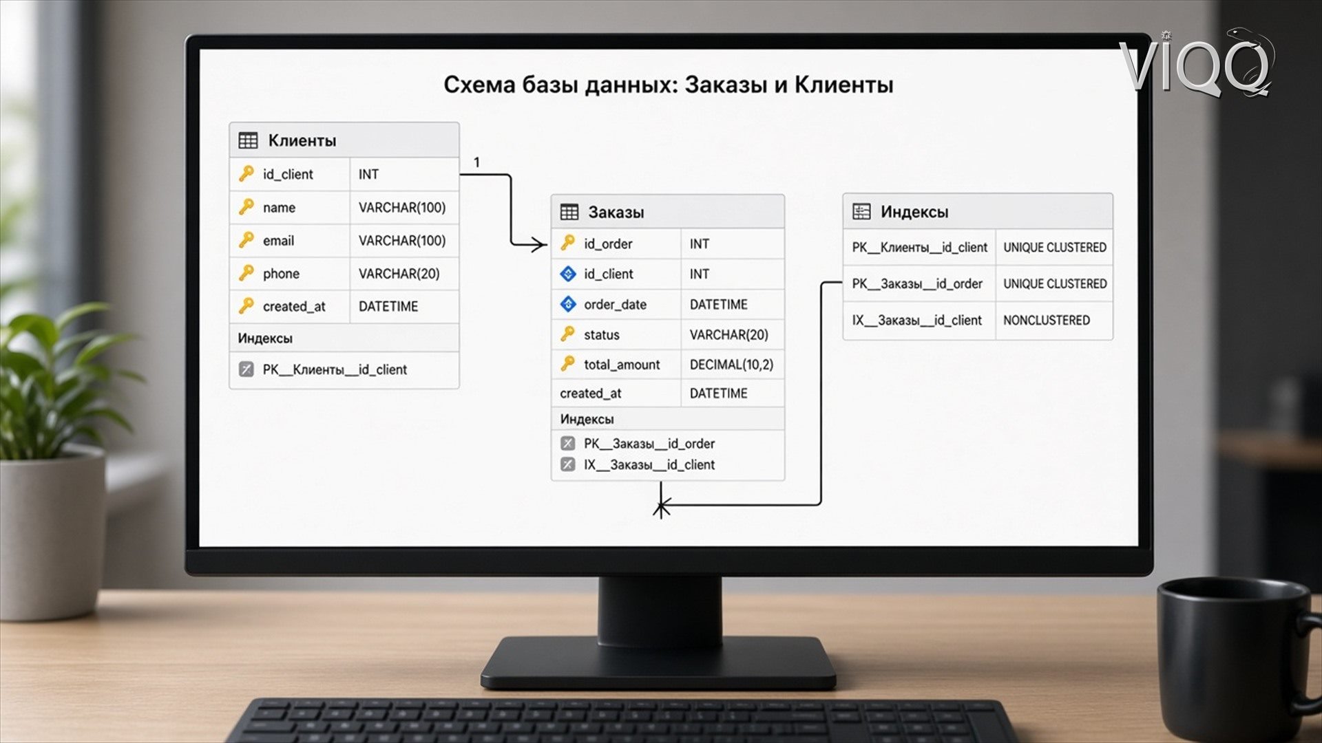 Схема БД: таблицы Заказы, Клиенты, связи и индексы